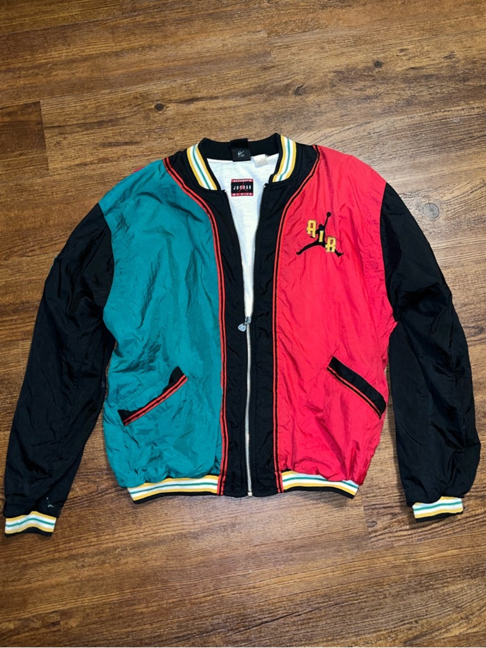 90s Rare Nike Air Jordan Black Red Green Bomber Zip Up Nylon Jacket Size XL - Picture 4 of 14